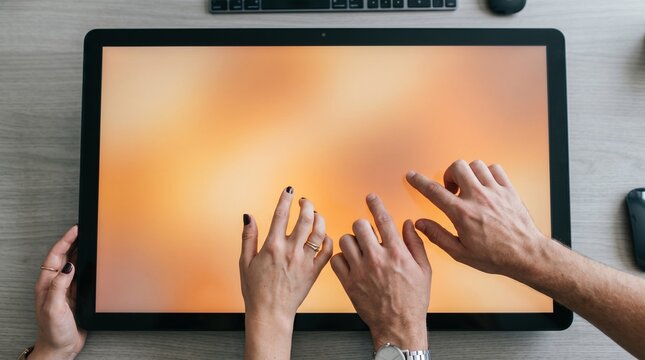 Close-up of diverse hands interacting with a large touch screen display showing abstract orange gradient in a modern office workspace