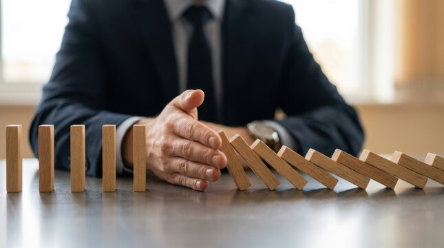 A businessman in a suit uses his hand to stop a line of falling dominoes, symbolizing risk management and crisis intervention.