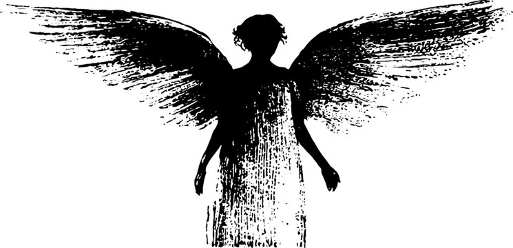 Black silhouette angel with wide wings high contrast black and white for gothic poster background and religious design