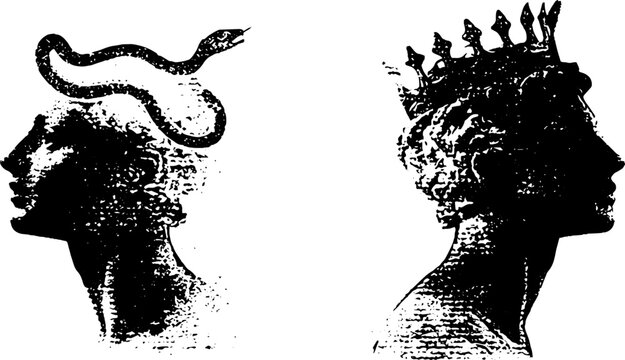 Pair of high contrast black and white antique busts with snake and crown ink profiles for vintage poster, background and decorative design