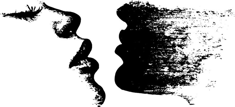 Angelic face silhouette with distressed ink texture high contrast black and white for poster and background design