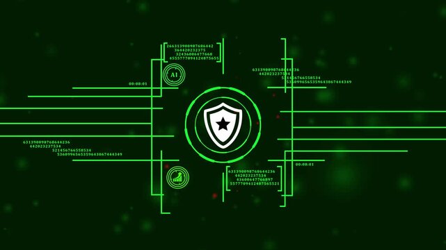 ai powered firewall monitor with star shield icon. technological safety shield with digital overlay. information security locking system animation. green matrix background with internet safety symbol.