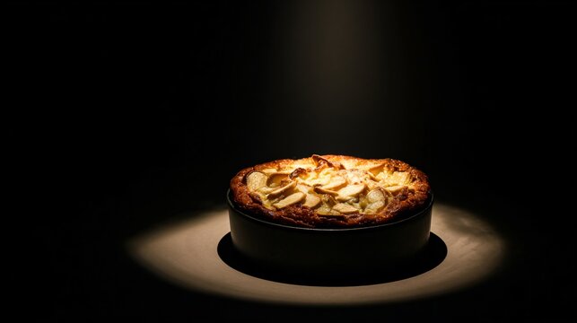 Apple clafoutis under a single overhead spotlight in a dark room, circular pool of light isolating the dish, deep shadows surrounding it, theatrical presentation