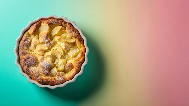 Apple clafoutis with a soft pastel gradient backdrop transitioning between colors, clean modern composition