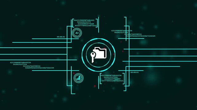 business information privacy and encryption technology. network data safety concept with key and folder icon. cybernetic access control with locked folder visualization.4k video
