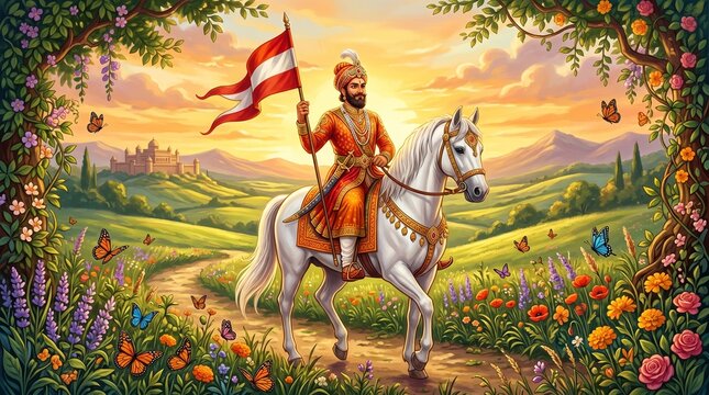 Lord Ramdevpir Mandir AI Photo: Colorful digital painting of Ramdev Pir and a devotee.