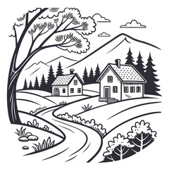 Naklejka premium Two rustic houses on rolling hills with a winding path and distant mountains