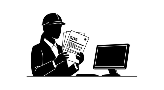 Woman engineer reviewing safety data sheet at computer workstation
