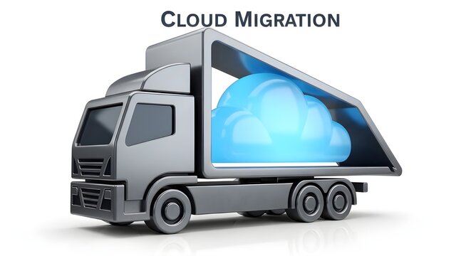 3d truck transporting cloud data migration concept in futuristic digital logistics