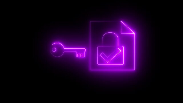 Glowing neon Data encryption algorithm. Protection of encrypted files with secure cryptographic keys. Man holding file with padlock icon.4k video Animation .