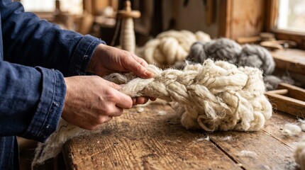 Close-up of hands working with raw sheep wool on a rustic wooden table in a traditional workshop © Nusara Visual Studio