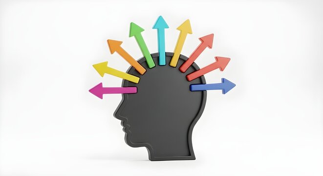 Divergent Thinking Concept: Colorful Arrows Emanating from Head Silhouette