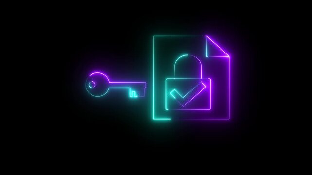 Glowing neon Data encryption algorithm. Protection of encrypted files with secure cryptographic keys. Man holding file with padlock icon.4k video Animation .