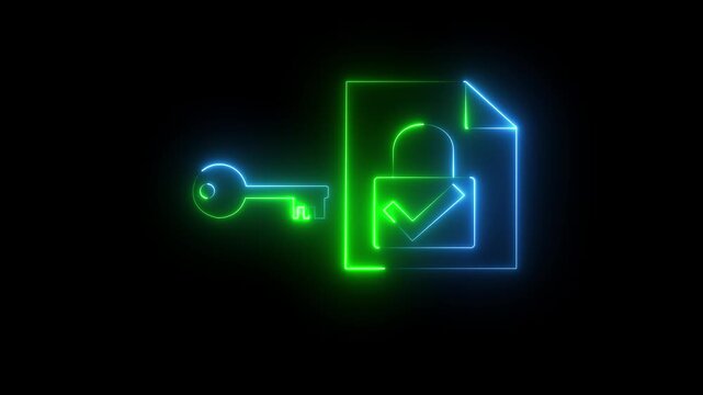 Glowing neon Data encryption algorithm. Protection of encrypted files with secure cryptographic keys. Man holding file with padlock icon.4k video Animation .