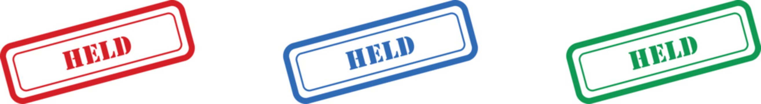 Collection of three rectangular stamps in red, blue, and green displaying the word HELD