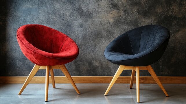 Red and black velvet chairs against textured charcoal wall in minimalist modern studio for interior design and furniture marketing