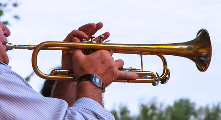 Fototapeta premium Musician plays trumpet at outdoor event during summer afternoon with audience in the background enjoying the performance