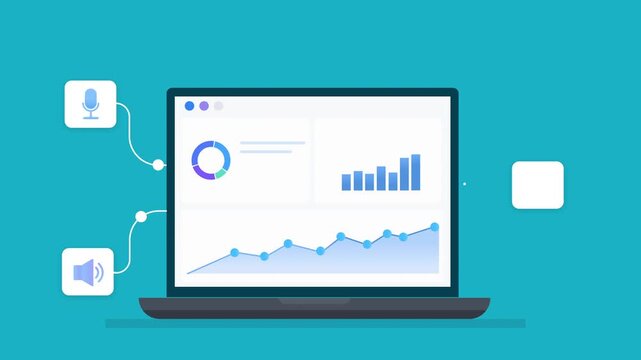 Animated flat illustration of a laptop displaying analytics charts with microphone and speaker icons, representing audio technology, voice interaction, and digital communication.