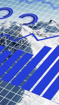 Vertical video: On feed start, blue charts sliding across wireframe grid over peaks, showing trends