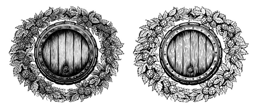 Beer barrel inside hop round wreath. Two hand drawn different sketches style elements. Decoration suitable for beer labels, and branding, craft brewery, brewing. Vector illustration isolatedon white