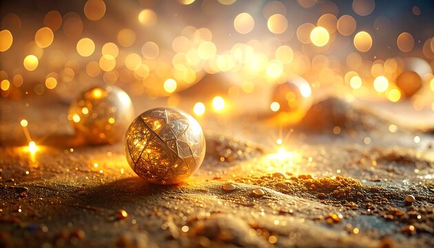 A close-up of shiny, reflective golden orbs on a textured surface surrounded by golden sparkles and lights