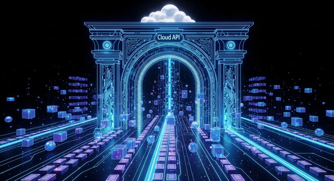 futuristic digital archway with glowing blue data streams and cloud technology concept at night