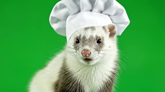 Cute stoat wearing a white chef's hat, looking directly at the camera on a vibrant green background, ready to cook.