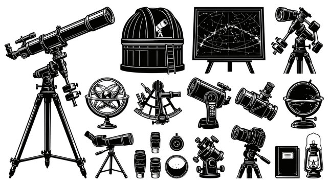 Black and White Vector of Astronomy Equipment: Telescopes, Observatory, Globe, Lantern, Sky Map