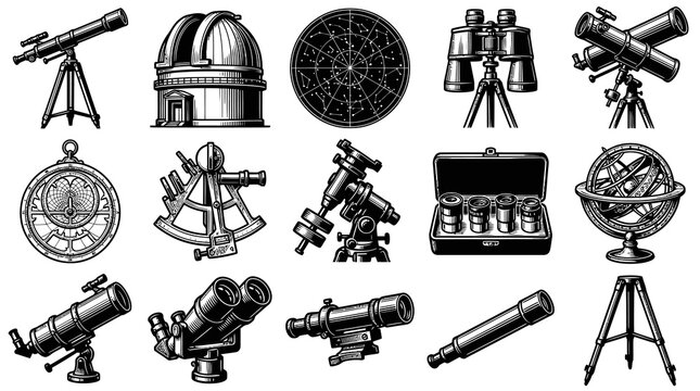 Vintage Astronomy Instruments Vector Set. Engraved Black  White Optical Devices: Telescopes, Observatory, Sextant, Astrolabe, Star Chart Line Art.