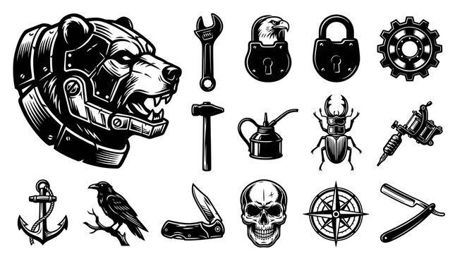 Black and White Steampunk Bear Head, Tattoo Machine, Skull, Anchor, Compass Icons