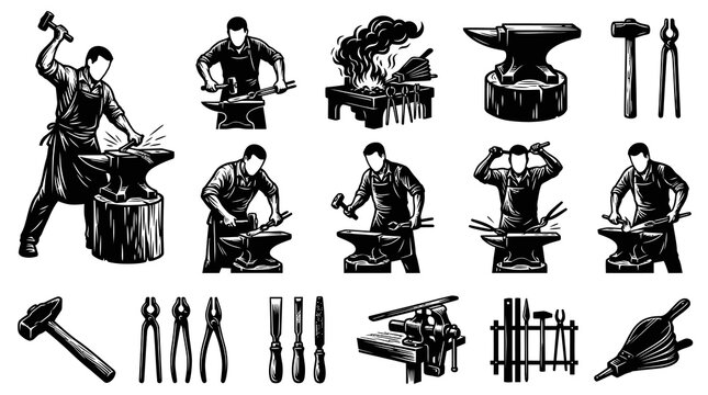 Blacksmithing Vector Icons: Forging Metal on Anvil, Tools  Workshop Scene