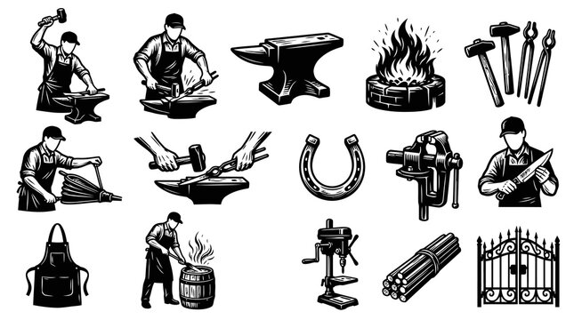 Vintage Blacksmithing Metalworking Tools Artisans and Workshop Equipment Black and White Line Art Set