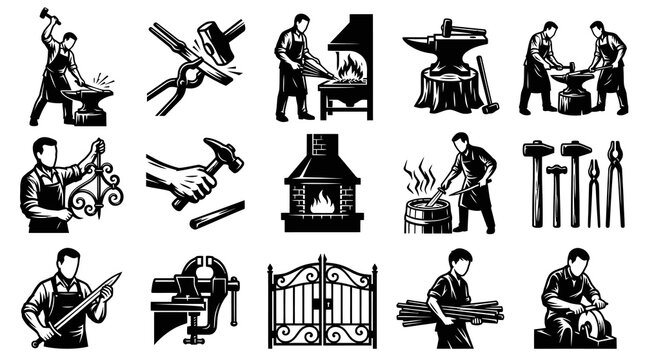 Blacksmith Black and White Line Art Icons Set - Metalworking Craftsmanship