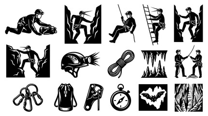 Fototapeta premium Black and White Climbing and Caving Icons Set - Adventure Sports Gear and Activities