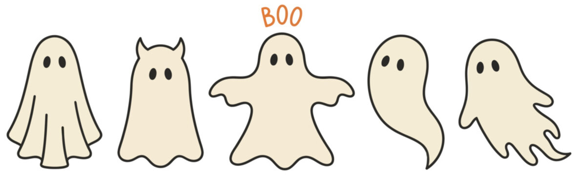 Five cartoon ghosts with black eyes and subtle variations in shape one featuring small horns and another with the word BOO above its head halloween cute character spooky ghoul