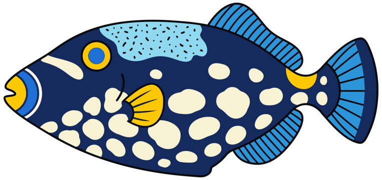 A stylized brightly colored blue triggerfish with yellow and cream spots swims with fins and tail visible depicting marine life ocean sea underwater animal aquatic tropical fish