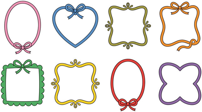Collection of eight decorative hand drawn graphic frames in various playful shapes with colorful ribbon bows ideal for adding charm border design element ornamental ornate