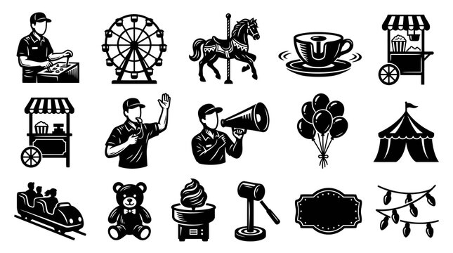 Vintage Carnival Icons: Ferris Wheel, Carousel, Food Stalls, Teddy Bear, Roller Coaster