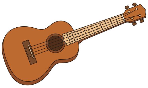 A simple brown ukulele a small four stringed musical instrument with a rounded body and a long fretted neck is shown from an elevated perspective string instrument Hawaiian
