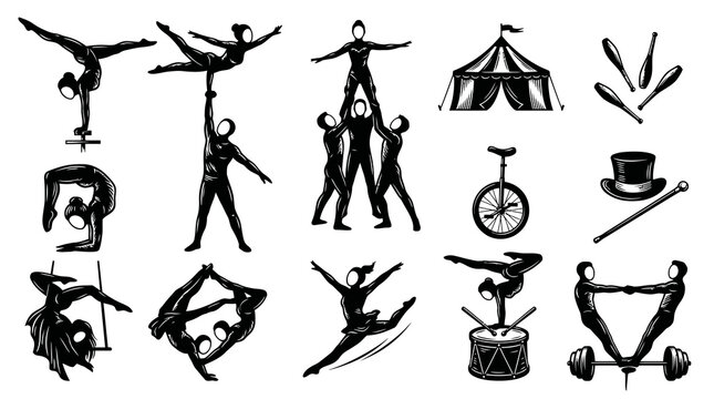 Black  White Circus Acrobats, Gymnasts, and Show Elements Silhouette Icons Set