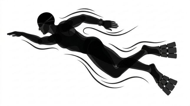 Silhouette of a swimmer with flippers and goggles, executing a powerful freestyle stroke with water movement trails