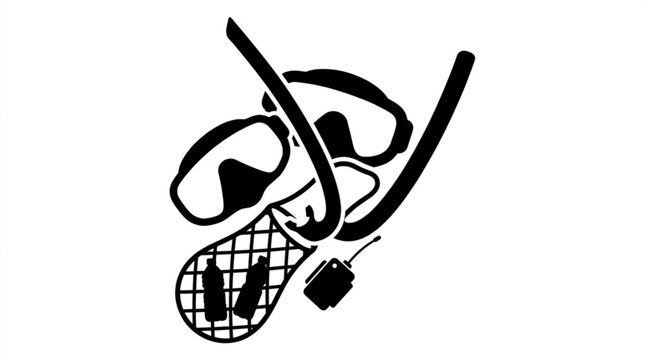 Illustration of diving equipment including a mask, snorkel, and mesh bag with two bottles for aquatic activities and exploration