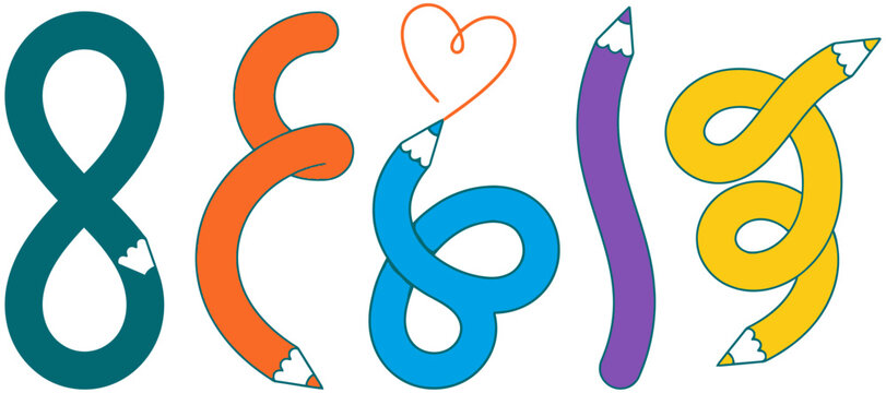 Colorful pencils are creatively shaped into infinity symbols and a heart representing endless creativity and connection inspiration education drawing writing idea love concept