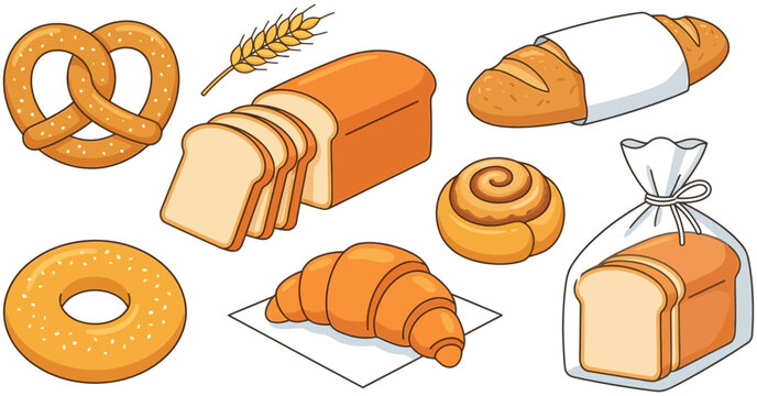 Collection of delicious baked goods including a pretzel sliced bread croissant cinnamon roll bagel and loaf in a bag bakery toast wheat food breakfast snack pastry bun dough