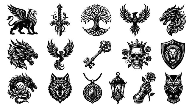 Black and White Fantasy Elements: Dragons, Griffins, Skulls, Symbols for Tattoo Art