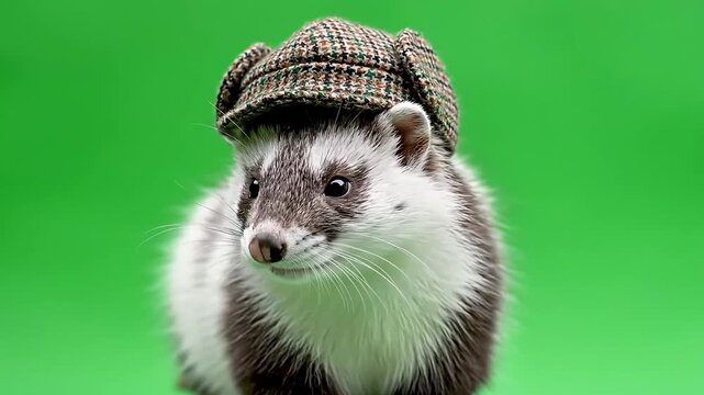 Cute stoat wearing a checkered hat, looking curiously at the camera against a vibrant green background.