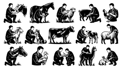 Fototapeta premium Farmer Caring for Farm Animals in Black and White Line Art Vector Illustration Set for Agriculture