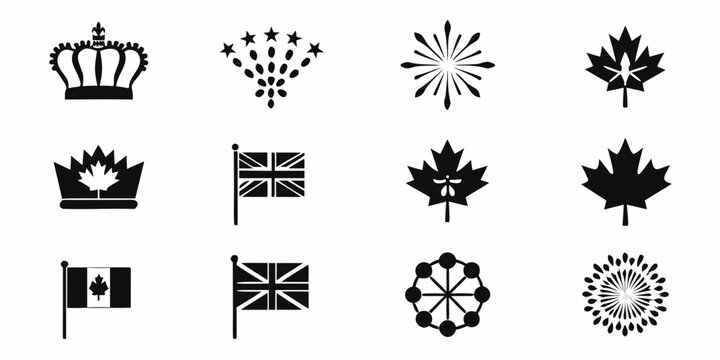 collection of black silhouette icons featuring national symbols and foliage