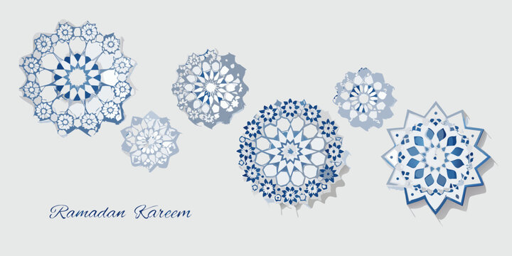 Islamic geometric patterns in blue and white decorative vector illustration