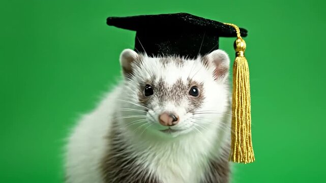 Cute stoat Wearing a Graduation Cap on a Green Background.